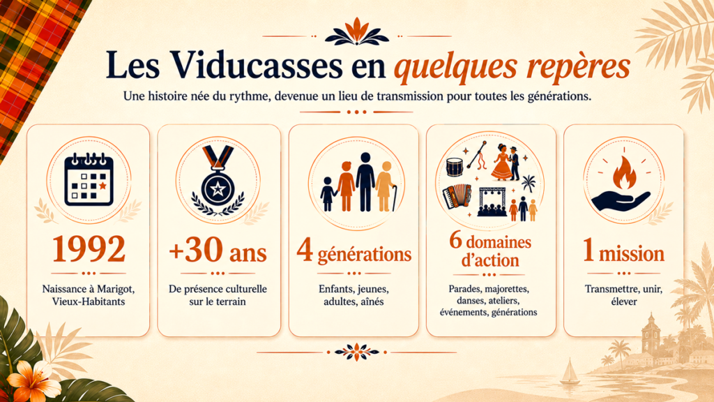 Infographie présentant Les Viducasses en quelques repères : 1992, plus de 30 ans de présence culturelle, 4 générations, 6 domaines d’action et 1 mission.