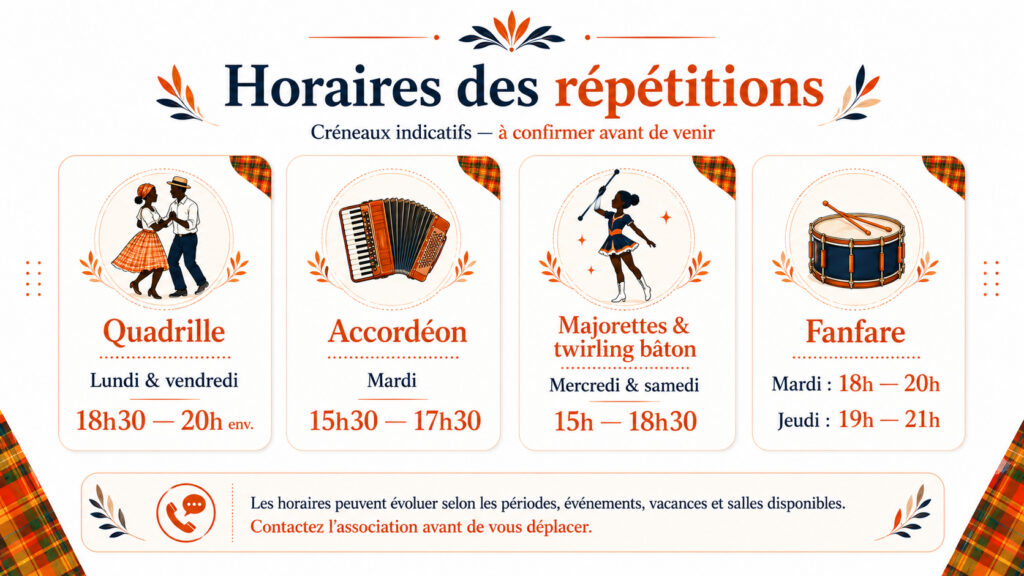 Infographie des Horaires de répétitions des différentes activités régulière proposé par l'association Les Viducasses